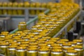 Moving yellow aluminium beer cans on conveyor belt at brewery plant