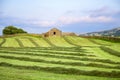 Mowed field with a stone barn Royalty Free Stock Photo