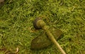 Mower head full of grass after mowing. String trimmer head Loose pieces of grass resulting from mowing Royalty Free Stock Photo