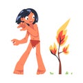 Mowgli as Feral Boy from Jungle Raised by Wolves Standing Near Burning Tree Exploring Fire Vector Illustration