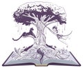 Mowgli jungle book and panther on tree. Open book illustration