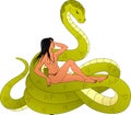 Mowgli sits on the rings of a big snake