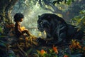 Mowgli, a Swarthy Wild Boy on a Beautiful Tree in a Lush Jungle Next to Big Black Panther, A Wild Child