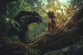 Mowgli, a Swarthy Wild Boy on a Beautiful Tree in a Lush Jungle Next to Big Black Panther, A Wild Child