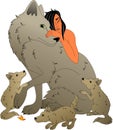 Mowgli with she-wolf and cubs Royalty Free Stock Photo
