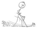 Mowing Grass With Scythe , Vector Cartoon Stick Figure Illustration