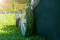 Mowing lawns. Lawn mower on green grass. Mower grass equipment. Mowing gardener care work tool. Close up view. Sunny day. Soft lig Royalty Free Stock Photo