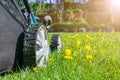 Mowing lawns. Lawn mower on green grass. Mower grass equipment. Mowing gardener care work tool. Close up view. Sunny day. Soft lig