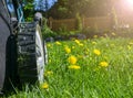 Mowing lawns. Lawn mower on green grass. Mower grass equipment. Mowing gardener care work tool. Close up view. Sunny day. Soft lig