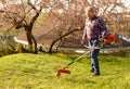 Mowing trimmer - worker cutting grass in green yard at sunset Royalty Free Stock Photo