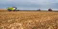 Mown corn field where harvesters are working, beet harvest on the horizon