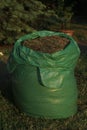 Mown dry grass in green bags garden cleaning