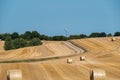 Mown cornfield with big round hay bales - wind turbine in the background