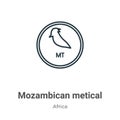 Mozambican metical outline vector icon. Thin line black mozambican metical icon, flat vector simple element illustration from