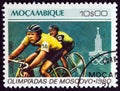 MOZAMBIQUE - CIRCA 1980: A stamp printed in Mozambique from the `Olympic Games, Moscow` issue shows Cycling, circa 1980.