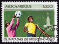 MOZAMBIQUE - CIRCA 1980: A stamp printed in Mozambique from the `Olympic Games, Moscow` issue shows Football, circa 1980.