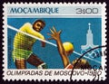 MOZAMBIQUE - CIRCA 1980: A stamp printed in Mozambique from the `Olympic Games, Moscow` issue shows Volleyball, circa 1980.