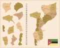 Mozambique - detailed map of the country in brown colors, divided into regions