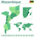 Mozambique detailed map and flag. Mozambique on world map