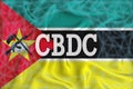 Mozambique flag with the inscription CBDC Central Bank Digital Currency and a blockchain grid around. Graphic concept for your