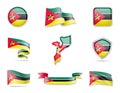 Mozambique flags collection. Vector illustration set flags and outline of the country Royalty Free Stock Photo