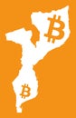 Mozambique map with bitcoin crypto currency symbol illustration