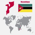Mozambique map on a world map with flag and map pointer. Vector illustration