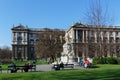 Mozart Statue and Museum of Ethnology in Burggarten. Vienna, Austria.