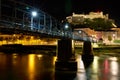 The Mozartsteg Bridge and Fortress in Salzburg at Night Royalty Free Stock Photo