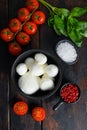 Mozzarella cheese balls, cherry tomatoes and green fresh organic basil peppercorns on wood table
