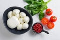 Mozzarella cheese balls with fresh basil leaves and cherry tomatoes, the ingredients of the Italian Caprese salad, on white