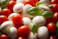 Mozzarella Cheese, Cherry Tomatoes, and Basil. Close-up of caprese salad ingredients: mini mozzarella balls, ripe whole cherry Royalty Free Stock Photo