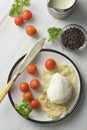 Mozzarella cheese and cherry tomatoes with spices. Homemade mozzarella cheese Royalty Free Stock Photo