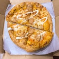 mozzarella cheese chicken pizza cut into 4 pieces in a cardboard box Royalty Free Stock Photo
