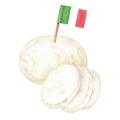 Mozzarella cheese with Italian food flag. Watercolor illustration. Hand-drawn national cuisine of italy. Isolated on a Royalty Free Stock Photo