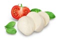 Mozzarella cheese sliced with basil leaf and tomato isolated on white background with clipping path and full depth of