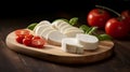 Mozzarella cheese sliced on a wooden board and tomatoes