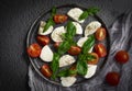 Mozzarella cheese, tomato, basil   nutrition  salad  a dark background Royalty Free Stock Photo