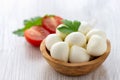 Mozzarella cheese in wooden bowl Royalty Free Stock Photo