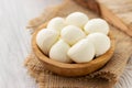 Mozzarella cheese in wooden bowl Royalty Free Stock Photo