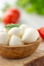 Mozzarella cheese in wooden bowl Royalty Free Stock Photo