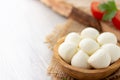 Mozzarella cheese in wooden bowl Royalty Free Stock Photo