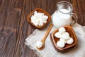 Mozzarella cheese in a wooden bowl on the table Royalty Free Stock Photo