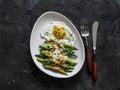 Mozzarella, lemon bread crumbs baked green string beans and fried egg on a dark background, top view Royalty Free Stock Photo