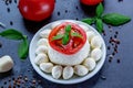 Mozzarella, red tomatoes and fresh Basil on a black background. top view. Flat lay. Food concept. Healthy and wholesome food Royalty Free Stock Photo