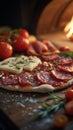 Mozzarella, salami, and tomato combine on a rustic tables masterpiece