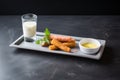 mozzarella sticks served on a stone plate with a cup of garlic aioli
