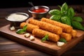 mozzarella sticks on a wooden board