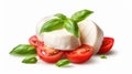Mozzarella with tomatoes and basil leaves isolated on white background. Royalty Free Stock Photo