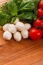 Mozzarella tomatoes and basil on a wooden rustic background Royalty Free Stock Photo